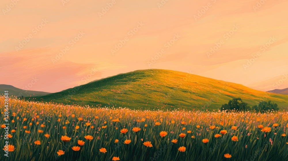Fototapeta premium Serene landscape of rolling hills covered in vibrant flowers under a golden sunset sky