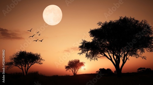 Serene sunset over a savannah landscape with silhouetted trees and birds flying under a full moon