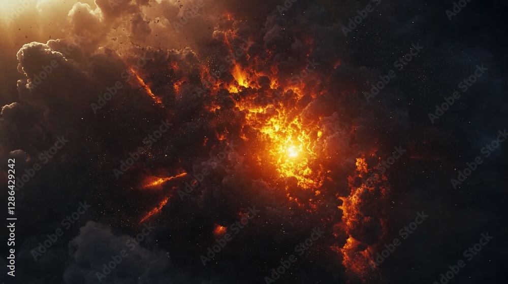 Fiery celestial clouds with bright golden center amidst dark cosmic space Fiery celestial clouds with bright golden center amidst dark cosmic space