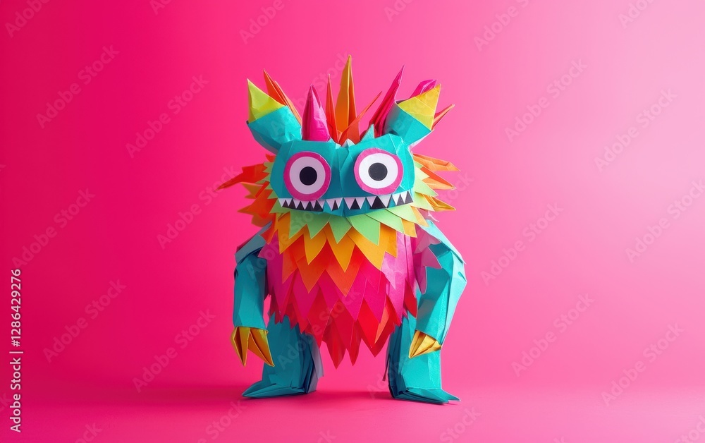 Cute paper monster with origami folds, stacked paper layers, soft plush-like feel, on eye-popping neon pink background Cute paper monster with origami folds, stacked paper layers, soft plush-like feel, on eye-popping neon pink background