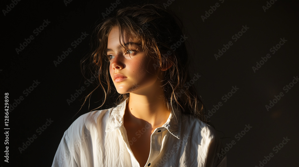 Contemplative teenage girl in a studio setting with directional lighting