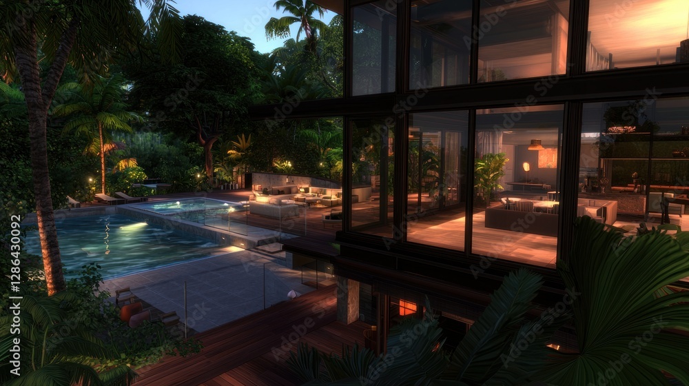 Fototapeta premium Modern glass house with a pool surrounded by lush greenery during twilight hours