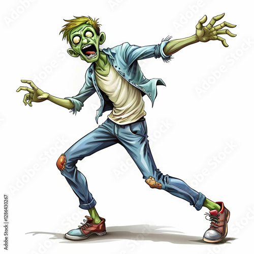 A fun and spooky dancing zombie on a white background