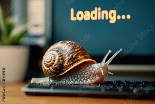 Snail on keyboard representing slow internet speed, loading issues, and digital frustration