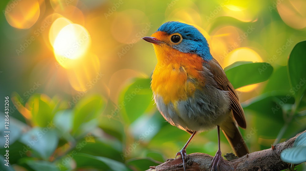 Obraz premium A Vibrant Blue and Orange Songbird Perched on a Branch in a Lush Green Forest with Golden Sunlight and Beautiful Bokeh Effect in the Background