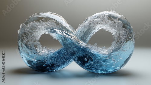 Infinity symbol formed by dynamic blue water creating abstract fluid sculpture representing endless motion and natural flow concept