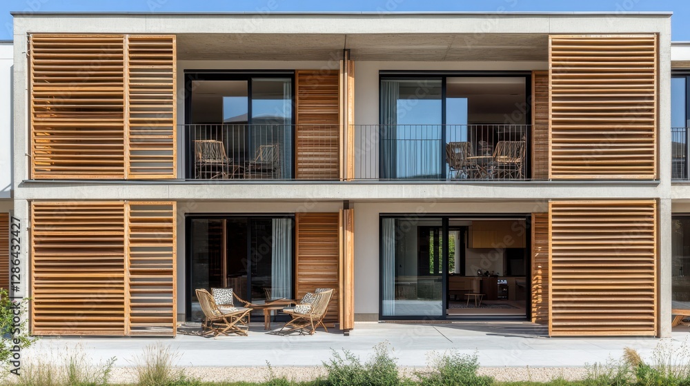 A rustic building features arched wooden shutters, complemented by a cozy patio adorned with chairs, inviting relaxation and outdoor enjoyment. A rustic building features arched wooden shutters, complemented by a cozy patio adorned with chairs, inviting relaxation and outdoor enjoyment.