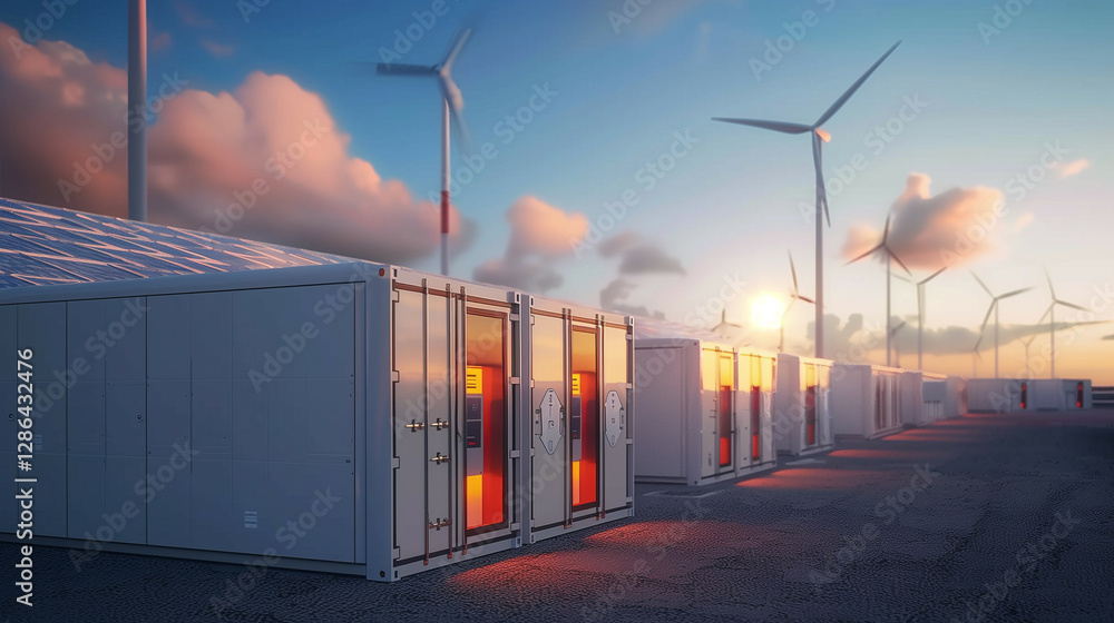 Obraz premium An Array of Modern Energy Storage Containers with Solar Panels and Wind Turbines at Sunset