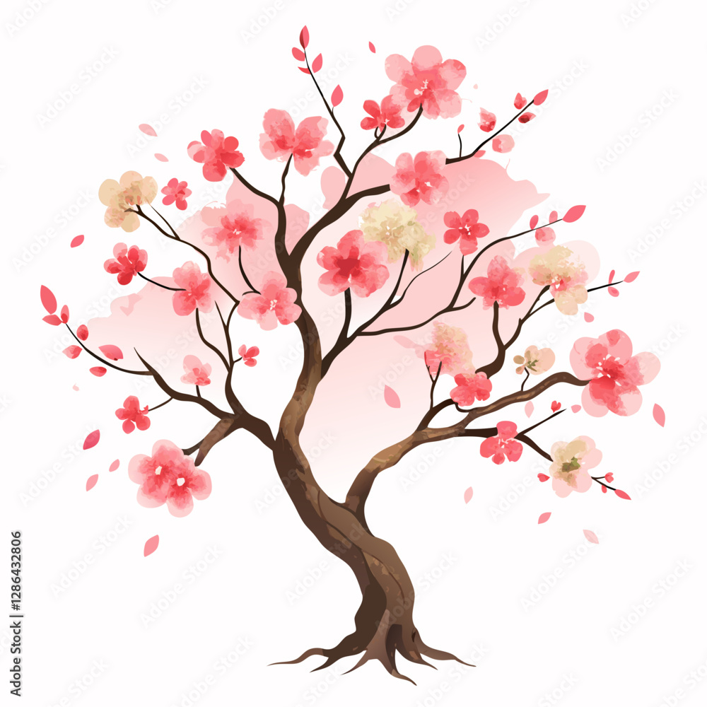 Cherry Blossom Tree in Watercolor Painting with Delicate Pink Flowers and Gentle Breeze Effect Cherry Blossom Tree in Watercolor Painting with Delicate Pink Flowers and Gentle Breeze Effect