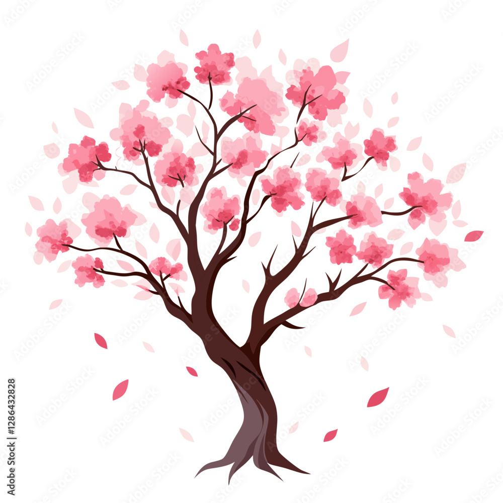 Cherry Blossom Tree in Watercolor Painting with Delicate Pink Flowers and Gentle Breeze Effect Cherry Blossom Tree in Watercolor Painting with Delicate Pink Flowers and Gentle Breeze Effect