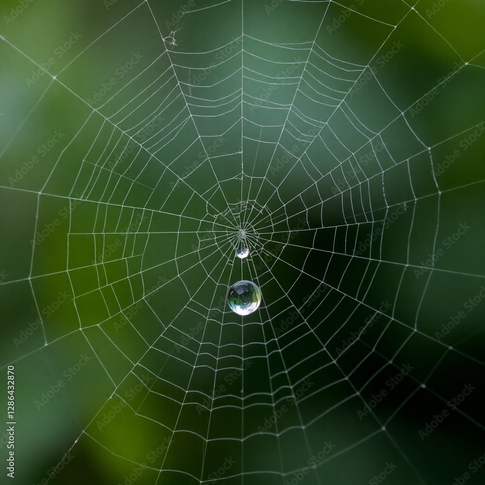 Fototapeta premium High-resolution photograph An intricately woven spiderweb, capturing the geometric perfection and fragility. A single dewdrop highlights the web's texture. 