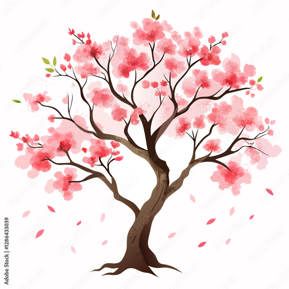 Cherry Blossom Tree in Watercolor Painting with Delicate Pink Flowers and Gentle Breeze Effect Cherry Blossom Tree in Watercolor Painting with Delicate Pink Flowers and Gentle Breeze Effect