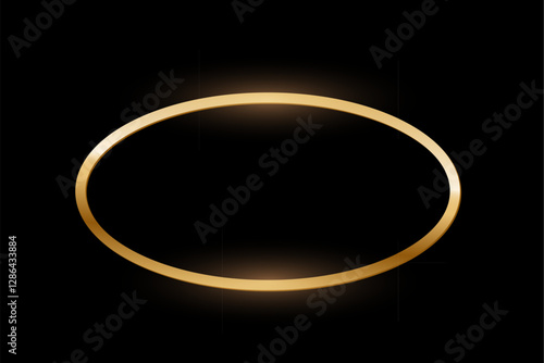 Golden ellipse photo frame on black background. Gold oval button. Blank space for picture, painting, card. 3d realistic empty template vector illustration. Simple object mockup.