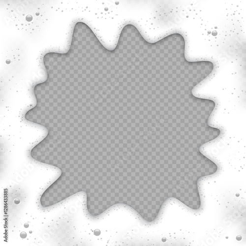 White foam splash frame with bubbles on transparent background. Foam of soap, beer, milk, fizzy drink, shampoo, detergent in shape of circle with realistic liquid texture. Vector illustration.