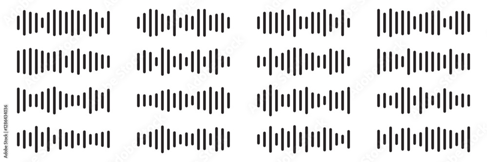 Sound waves set. Music audio frequency, voice waveform, electronic radio signal, volume level, track symbol. Various noise pulses black lines isolated on transparent. Abstract vector background. Sound waves set. Music audio frequency, voice waveform, electronic radio signal, volume level, track symbol. Various noise pulses black lines isolated on transparent. Abstract vector background.