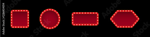 Retro casino light signs on black background. Circus frames with glowing light bulbs. Red cinema or theater banners of square, circular, rectangular, hexagonal shapes. Vector illustrations set.
