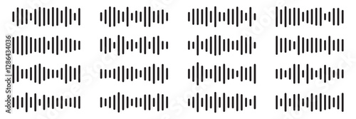 Sound waves set. Music audio frequency, voice waveform, electronic radio signal, volume level, track symbol. Various noise pulses black lines isolated on transparent. Abstract vector background.
