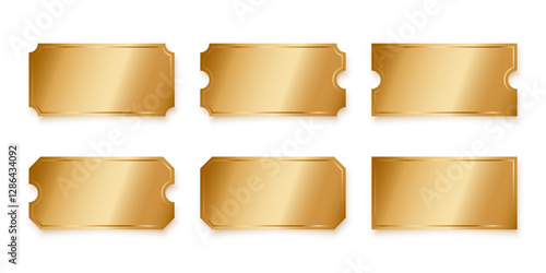 Golden tickets isolated on transparent background. Gold coupon, sticker or discount tag mockup. Cinema, theater, concert, party, event, festival invitation entrance. Realistic vector illustrations set