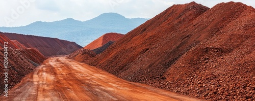 A rugged dirt road flanked by large mounds of reddish-brown material under a cloudy sky, leading toward distant mountains.