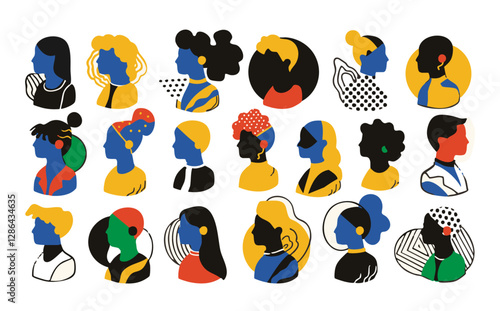 funky side profile view of people fundamental colours with abstract organic shapes vector set