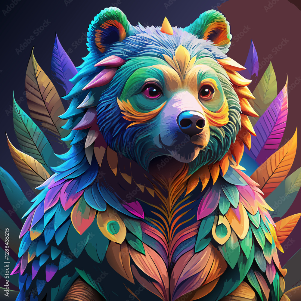 Obraz premium Colorful Bear Portrait in Vibrant Psychedelic Art with Neon Colors and Intricate Feather Patterns