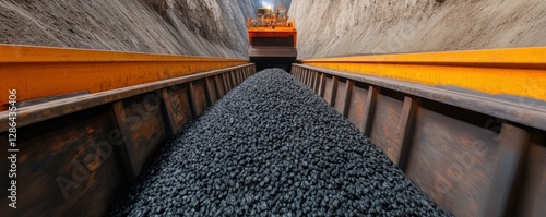 A perspective view of a conveyor transporting coal through a mining tunnel, showcasing the movement of materials in an industrial setting.