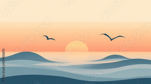 Serene sunset over calm ocean waves with birds flying in the distance, evoking tranquility and peace