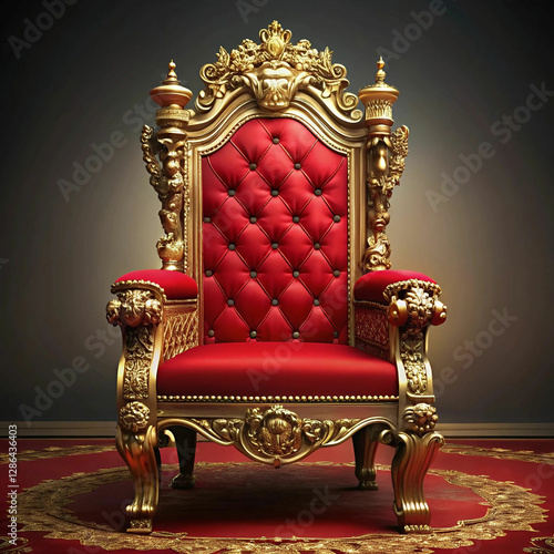 A majestic ancient red royal throne, adorned with intricate