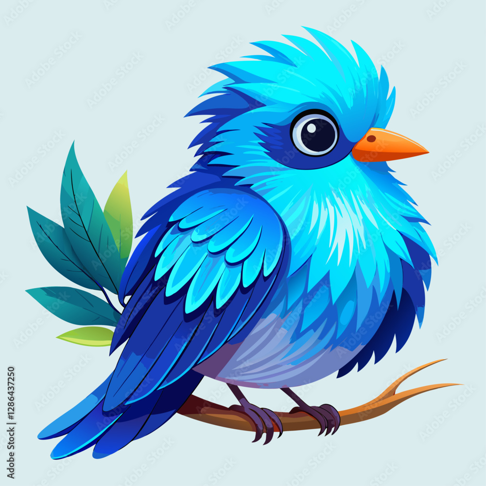 Obraz premium Cute Cartoon Blue Bird with Expressive Eyes and Fluffy Plumage on Branch