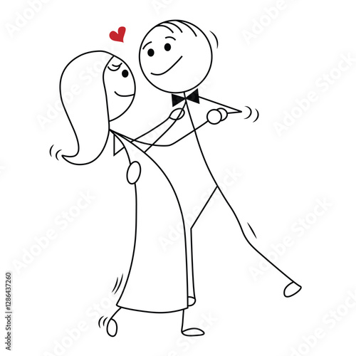 Cute stick figure couple dancing together with love heart above. Minimal romantic illustration of man and woman in wedding dress and tuxedo.