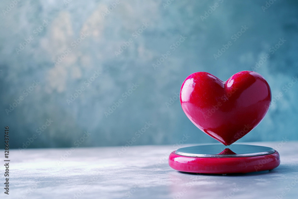 Fototapeta premium A shiny red heart sculpture on a reflective surface, set against a soft blue and green textured background. The heart appears glossy and vibrant, symbolizing love and affection.