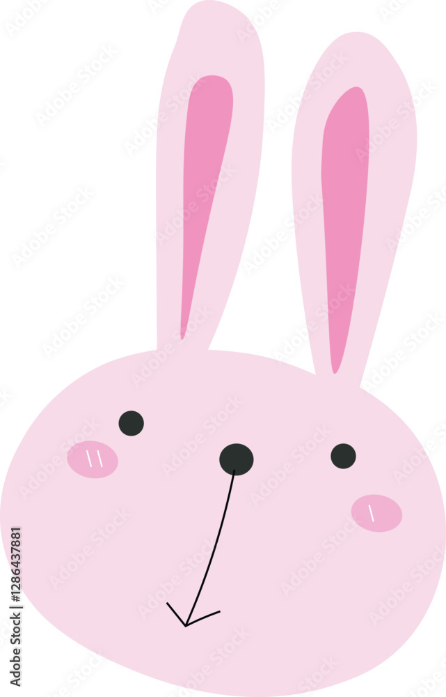Playful and kawaii rabbit face illustration with long pink ears and rosy cheeks, simple vector art for kids and baby decor. Playful and kawaii rabbit face illustration with long pink ears and rosy cheeks, simple vector art for kids and baby decor.