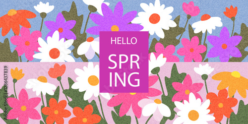 Spring card, banner or horizontal poster for spring holidays with cute flowers pattern. Hand drawn Floral art template for Easter, birthday or Mothers Day decor and greetings