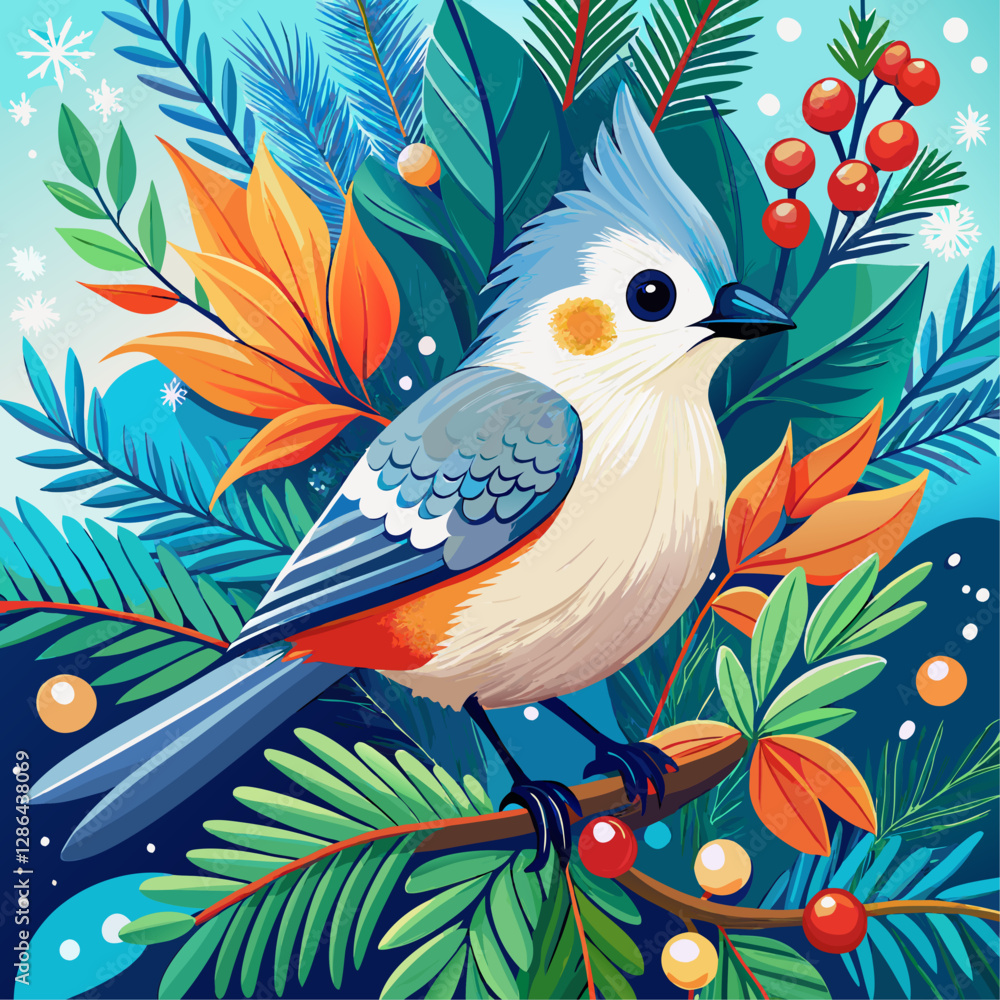 Cute Cartoon Bird with Tropical Foliage and Berries in Whimsical Style
Cute Cartoon Bird with Tropical Foliage and Berries in Whimsical Style