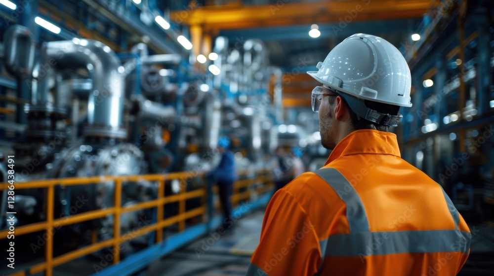 Man in a safety helmet and orange jacket is looking at a machine Man in a safety helmet and orange jacket is looking at a machine