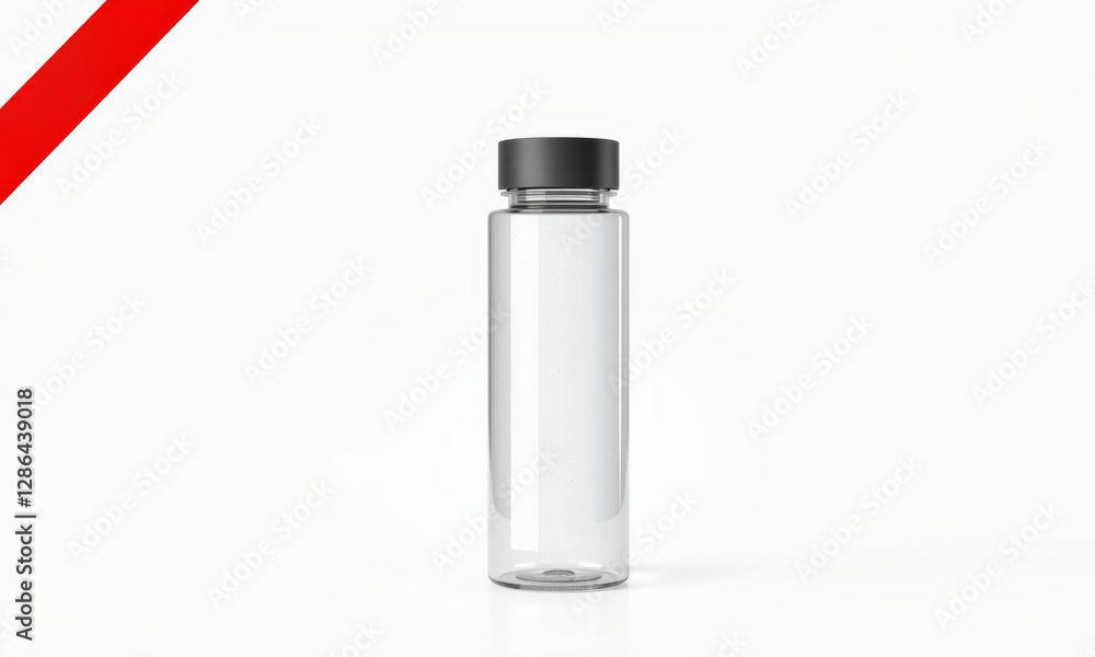 Clear reusable water bottle mockup with sleek design and black cap, perfect for eco friendly hydration. Ideal for branding and product presentations Clear reusable water bottle mockup with sleek design and black cap, perfect for eco friendly hydration. Ideal for branding and product presentations