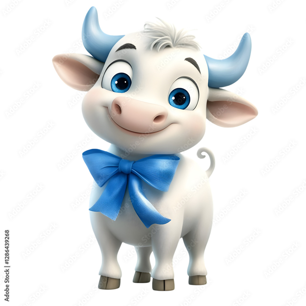 Naklejka premium Adorable Baby Cow White Calf with Blue Bow Cute Farm Animal 3D Render