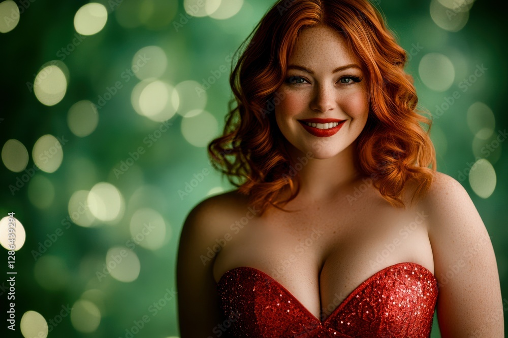 St. Patrick's Day portrait of a confident chubby redhead woman smiling, with soft, loose waves, wearing a striking red strapless sweetheart neckline dress, big chest, glowing green background St. Patrick's Day portrait of a confident chubby redhead woman smiling, with soft, loose waves, wearing a striking red strapless sweetheart neckline dress, big chest, glowing green background