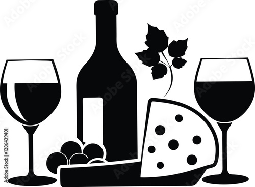 Wine and Cheese black silhouette,Wine vector illustration