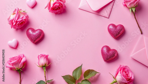 Rosas rosadas y corazones rosados ​​brillantes con sobres rosados ​​sobre un fondo rosa