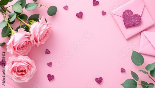 Rosas rosadas y corazones rosados brillantes con sobres rosados sobre un fondo rosa