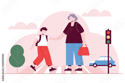 Young boy assisting his elderly grandmother to safely cross the road vector illustration