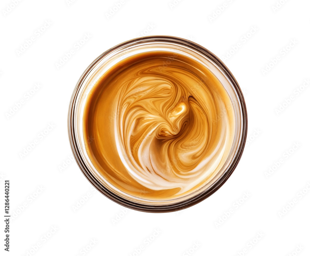 Top view of a cup of coffee with cream swirls creating a beautiful pattern, isolated on white background Top view of a cup of coffee with cream swirls creating a beautiful pattern, isolated on white background