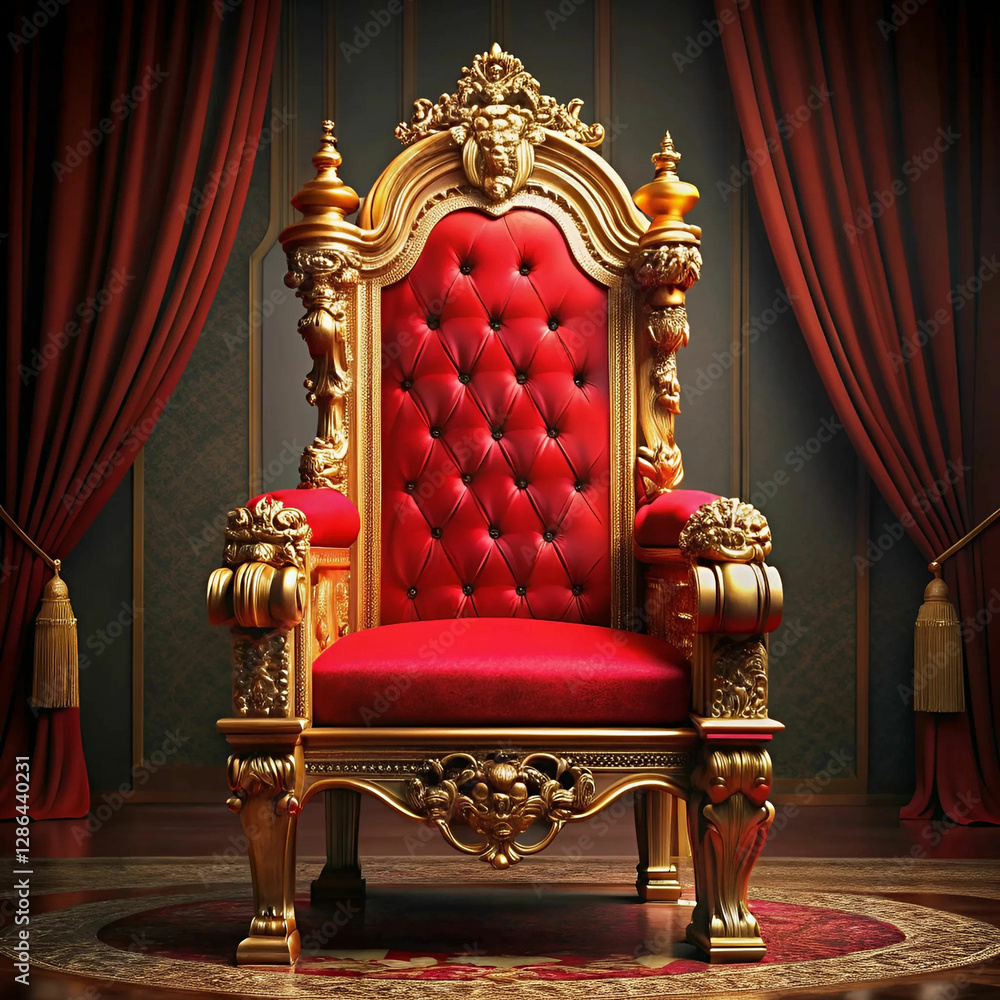 A majestic ancient red royal throne, adorned with intricate A majestic ancient red royal throne, adorned with intricate