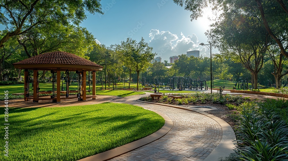 Fototapeta premium Park Gazebo, Sunny Path, Cityscape