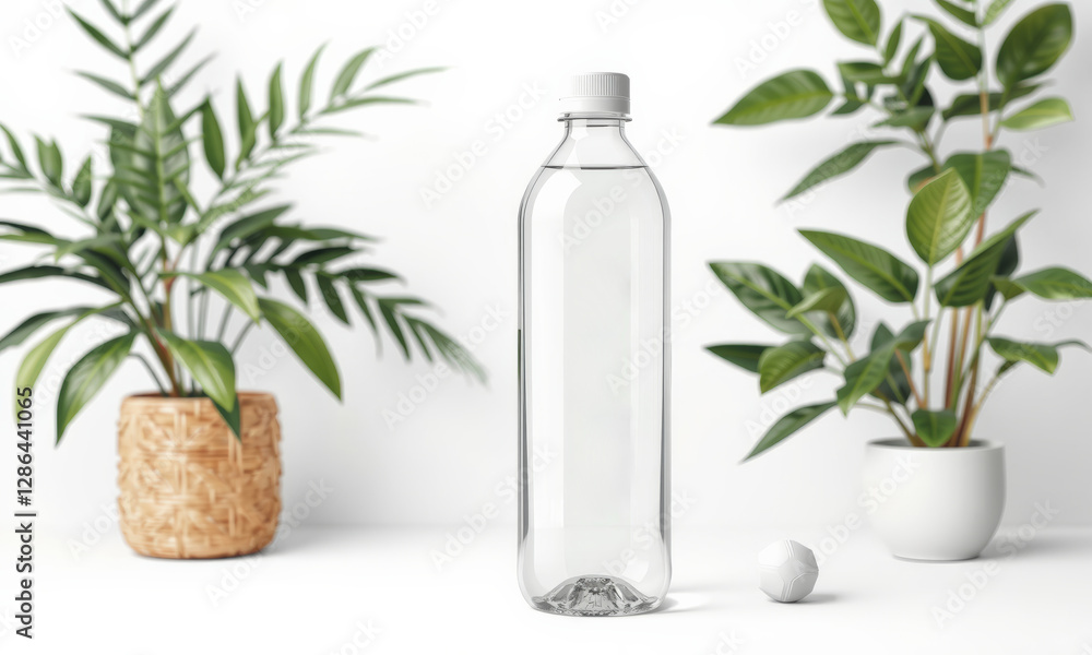 clear reusable water bottle stands on table surrounded by green plants, showcasing modern and eco friendly lifestyle. serene setting emphasizes sustainability and hydration clear reusable water bottle stands on table surrounded by green plants, showcasing modern and eco friendly lifestyle. serene setting emphasizes sustainability and hydration