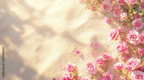 Floral Dream: A vibrant display of pink roses and scattered petals adorns a surface, their delicate beauty enhanced by soft lighting, creating a sense of romance and elegance.