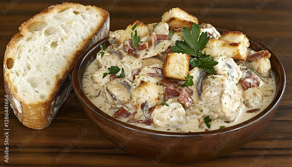 Photo Creamy Chicken Mushroom Stew with Croutons and Parsley Photo Creamy Chicken Mushroom Stew with Croutons and Parsley
