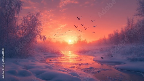 Stunning Winter Sunset Landscape with Birds and Frozen River