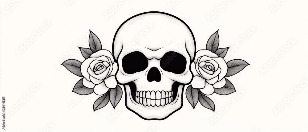 Fototapeta premium Black and white skull with floral elements in ornamental tattoo design combining mortality symbolism with natural beauty in detailed illustration